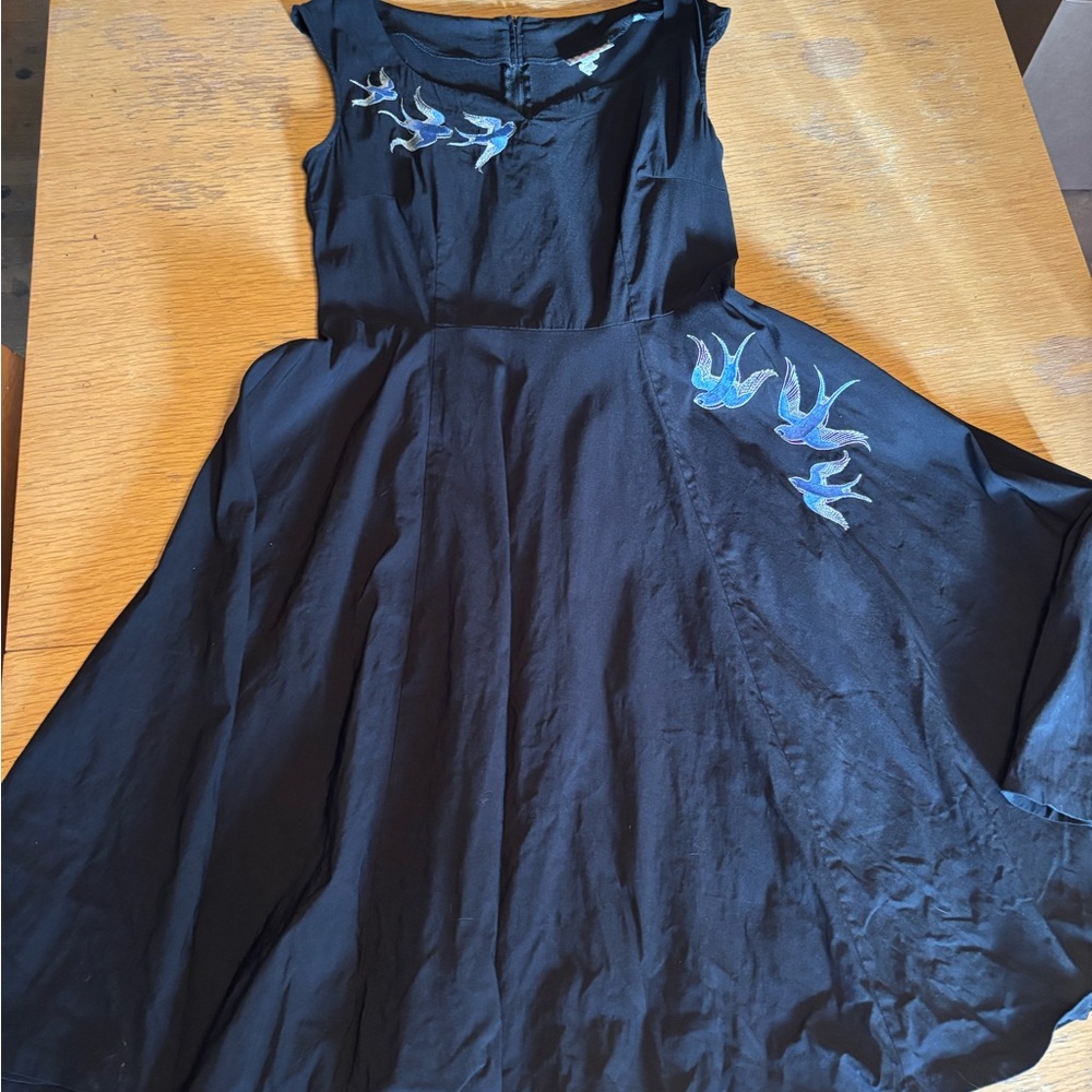 Retro Inspired Black Dress with Swallow Embroidery by Pinup Couture Size XL